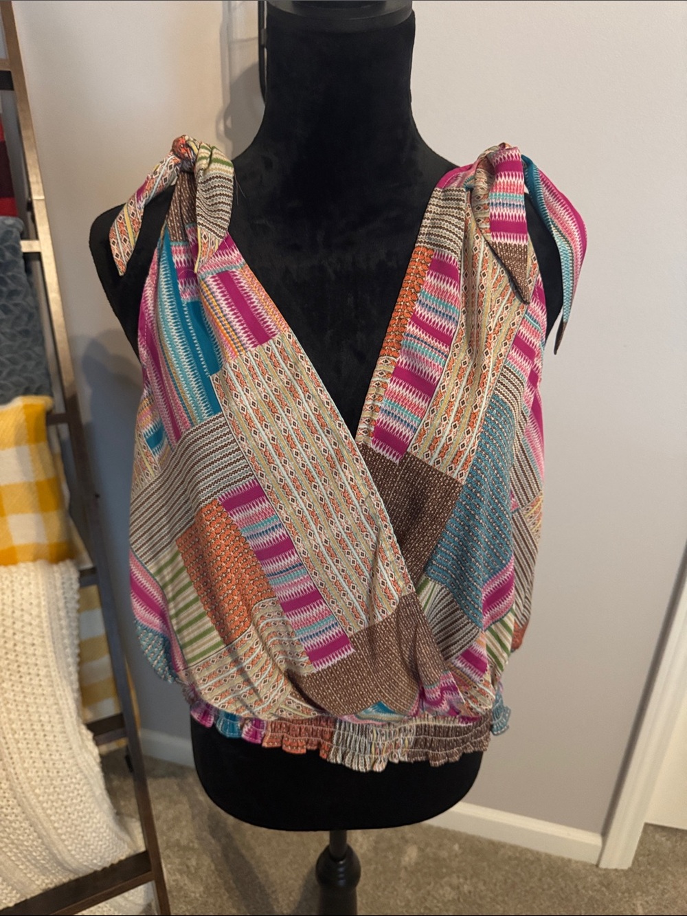 Rose & Olive Patchwork Print Tie-Shoulder Camisole in Pink, Teal & Brown